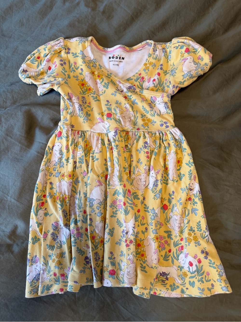 Mini Boden Yellow Bunny & Floral Puff Sleeve Dress 4-5y
